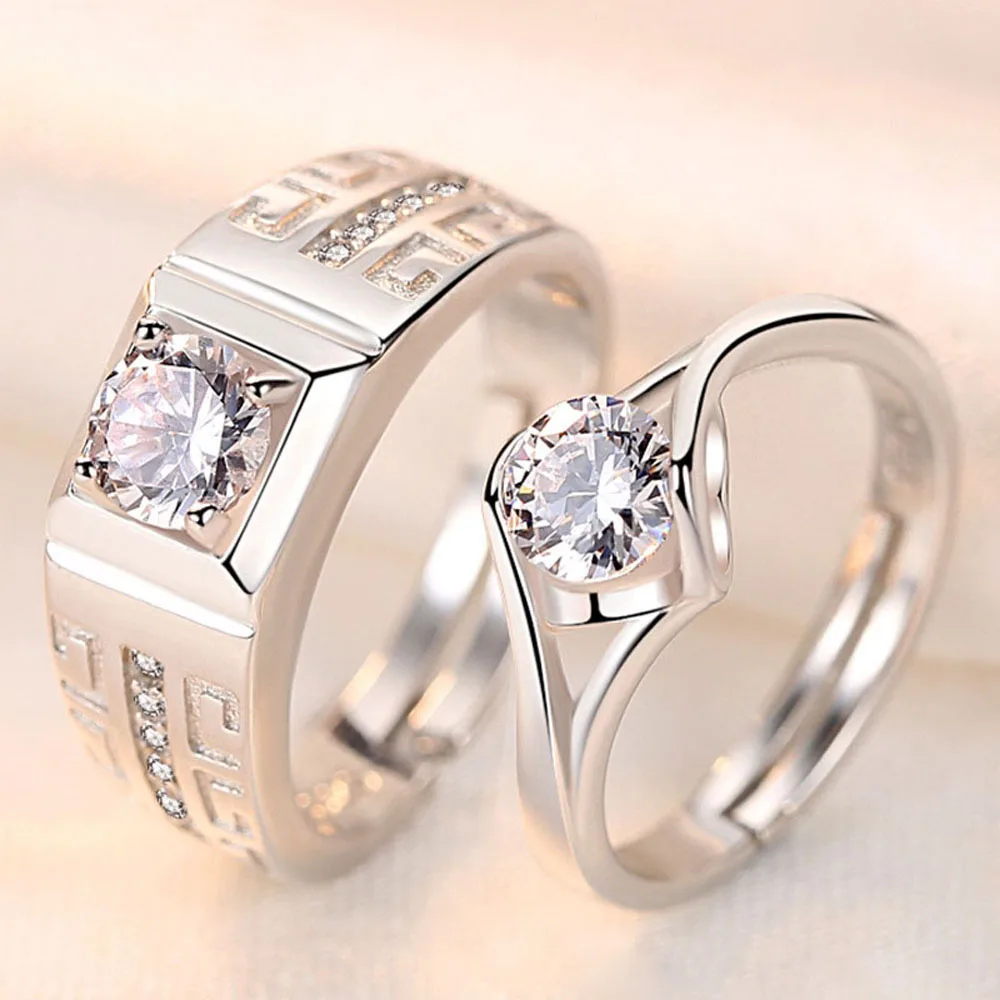 2PCS/Pair Couple Finger Jewelry Flower Crystal Engaged Ring Copper Plated Silver Valentine's Gift Free Delivery Dropshipping