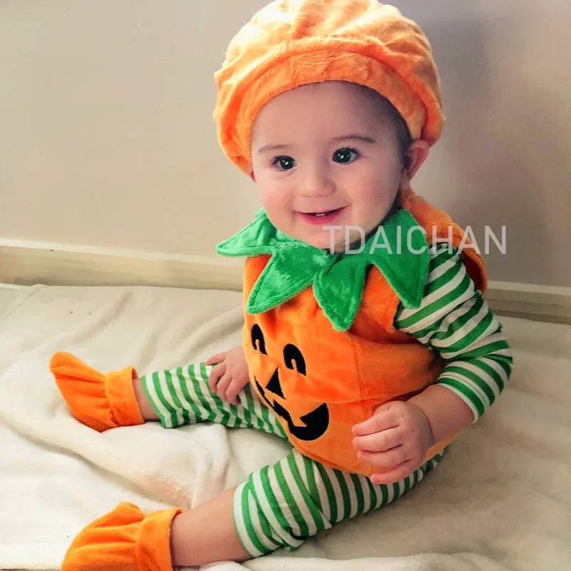 

Kids Halloween Carnival New Cute Round Neck Sleeveless Pumpkin Triangle Romper Climb Free Hat Socks Cosplay Costume Funny Kawaii