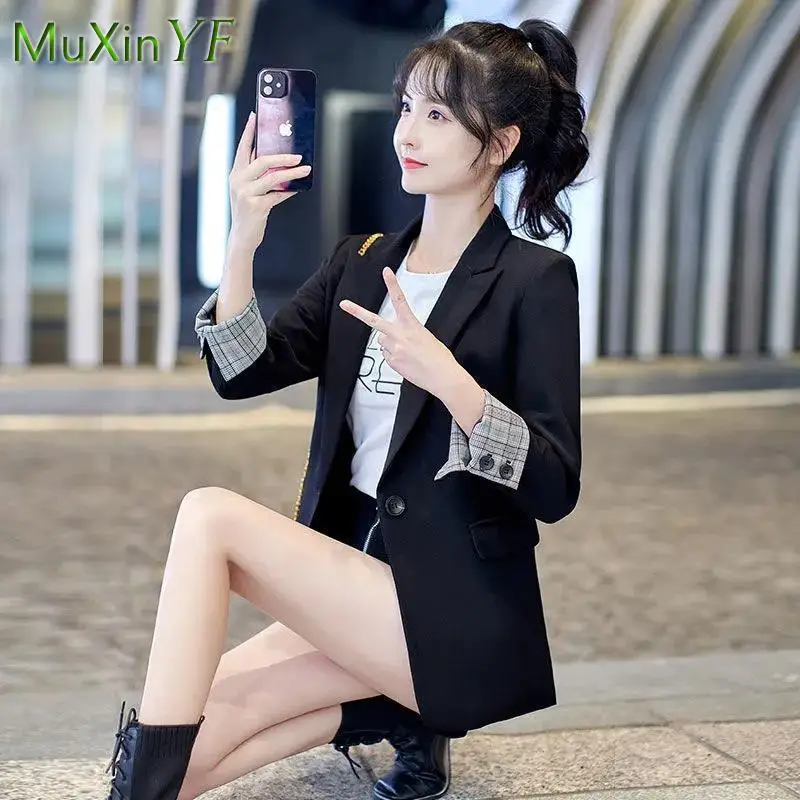 2024 Spring Autumn New Suit Jacket Women's Elegant Thin Plaid Coat Korean Fashion Temperament Casual Short Slim Blazers Clothing