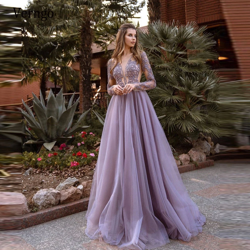 Verngo 2021 Dusty Lavender Tulle แขนยาวชุดราตรีลูกไม้ Applique ที่ละเอียดอ่อนต่ำกลับ Floor ความยาวชุดราตรี