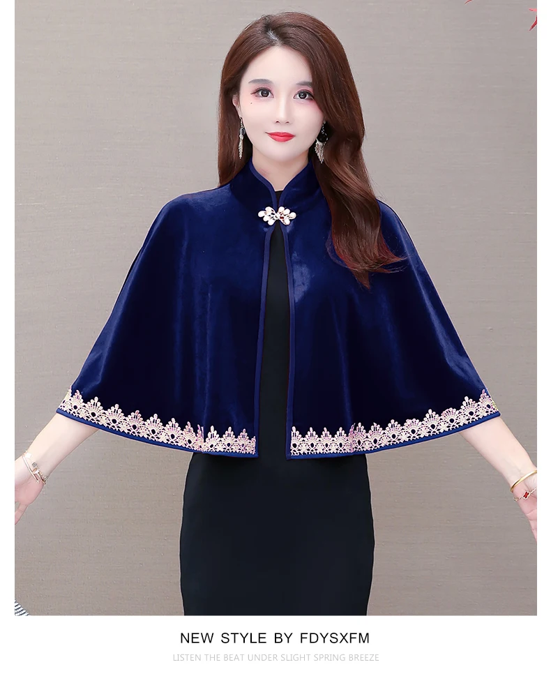 Gold velvet cape short coat for women all match shawl gold embroidery autumn and winter mother cheongsam dress wedding cloak