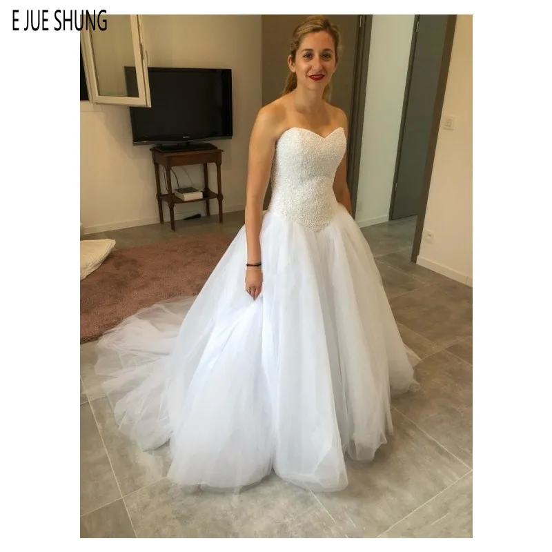 

E JUE SHUNG New Wedding Dresses A-line Sweetheart Neck Lace Up Back With Pearls Beading Tulle Bridal Gowns vestido de noiva