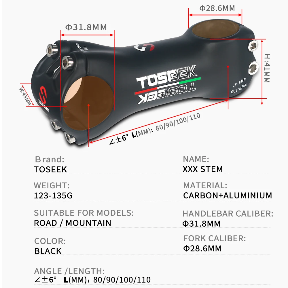 TOSEEK XXX Bike Handlebar Stem Mountain Bike Stem Carbon Power 6 Degree Bike Parts Mtb Stem Roadbike Carbon 80mm 90mm