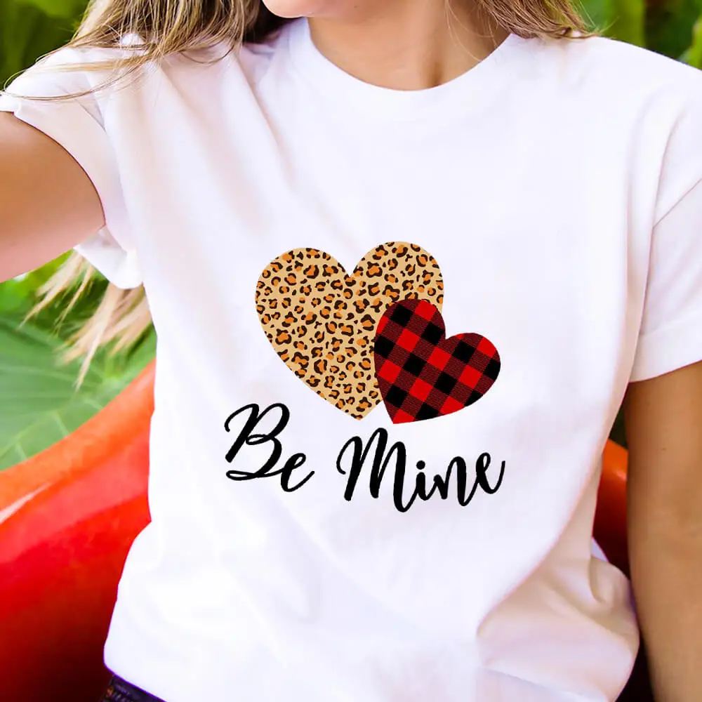 Be Mine Leopard Heart Printed 100%Cotton Women's T Shirt Valentine's Day Casual O-Neck Pullover Short Sleeve Tops Gift For Her