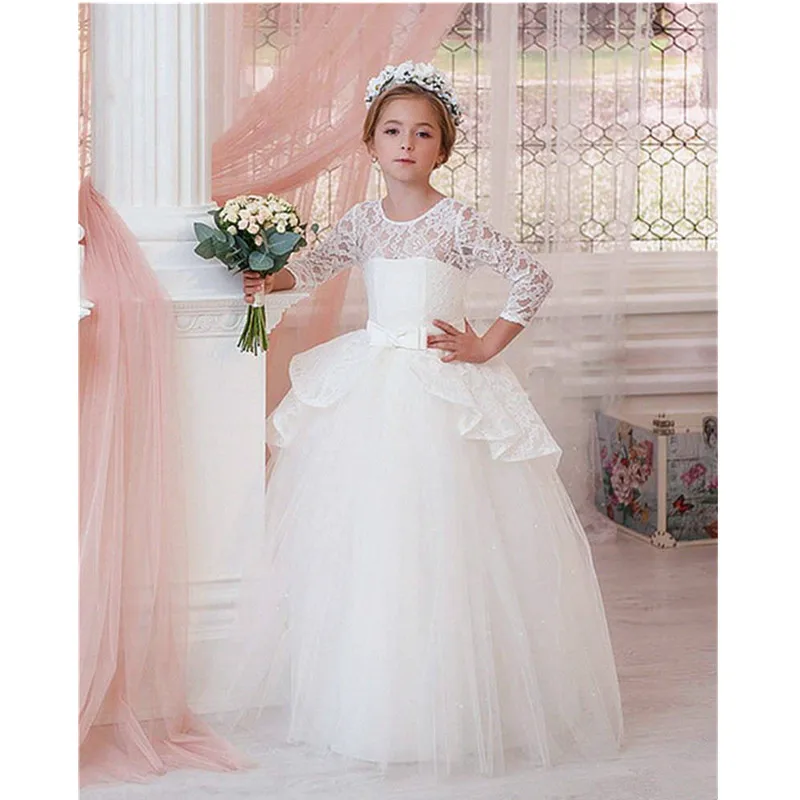 Ivory White Flower Girl Dress Lace Tiered Tulle O Neck Long Sleeve Girls First Communion Dress for Ceremony Birthday Gown