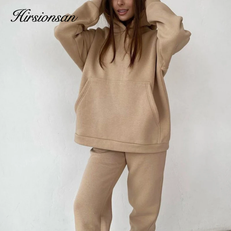 Hirsionsan Soft Cotton Fleece Women Sets Autumn Winter Thicken Warm Hoodie Sweatshirts and Pants Two Piece Sets Ladies Tracksuit