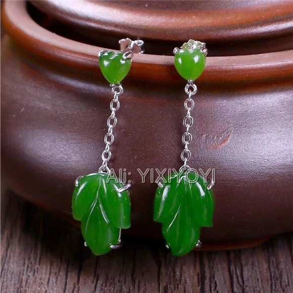 Beautiful 925 Silver Green HeTian Jade Leaf Beads Chain Dangle Heart Lucky Earring Girl's Charm Earrings Gift Fine Jewelry