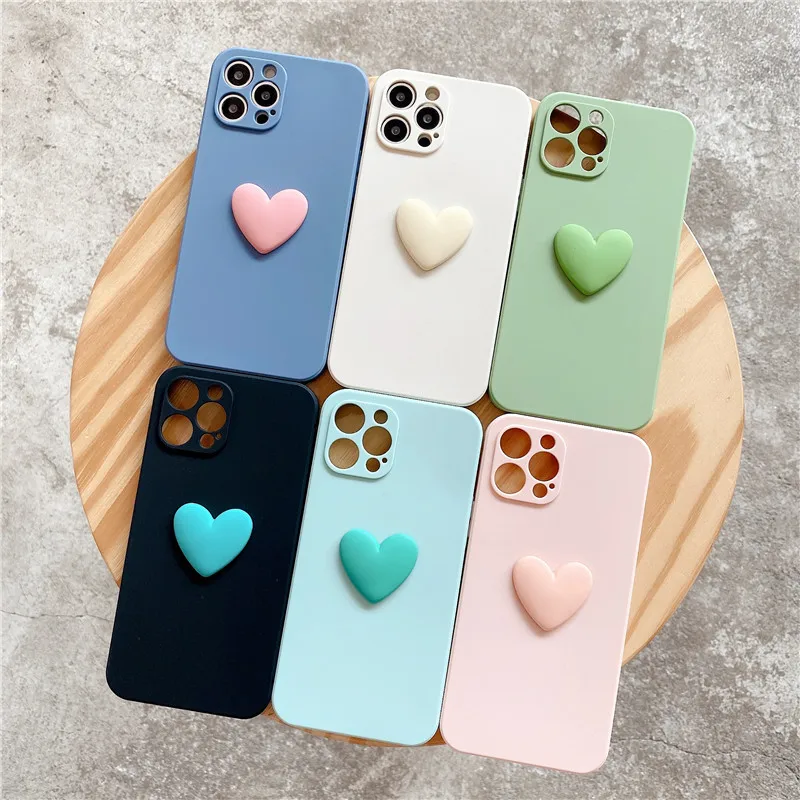 Cute 3D Love Heart  Camera Protection Phone Case For iPhone 11 13 Pro Max 12 Mini 7 8 Plus SE 2020 Solid Color Soft Silicone TPU