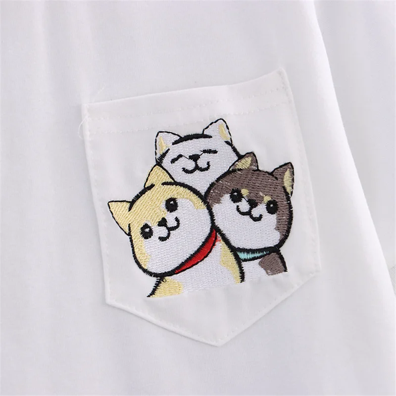 Summer Japanese Teen Girls T shirts Women New Fashion White Crop Tops Cute Cartoon Graphic Embroidery Tee Shirts Pink Yellow