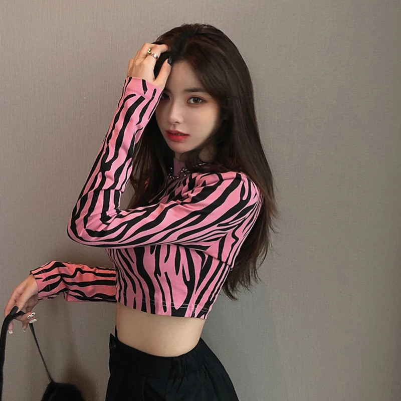 Tonngirls Streetwear Zebra Crop Tops Sweater Women Sexy Long Sleeve O Neck Autumn Pullover Ladies Jumpers Slim Y2k Knit Tops