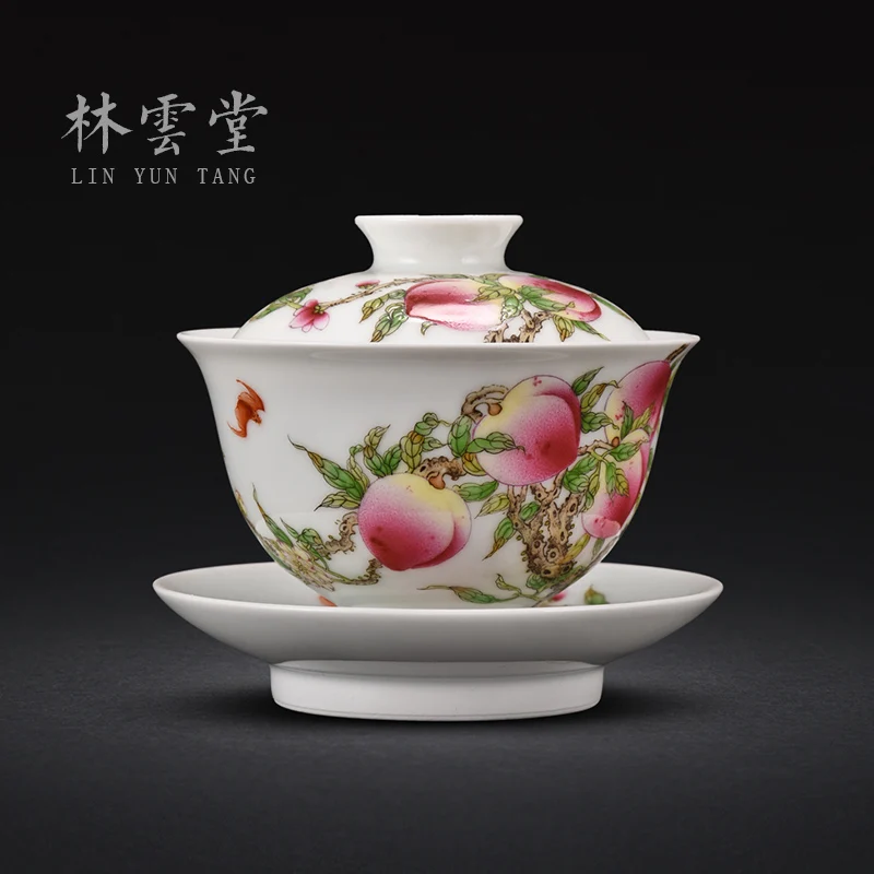 Lin Yuntang's hand painted longevity peach bat enamel Sancai bowl Jingdezhen handmade ceramic kungfu tea toast