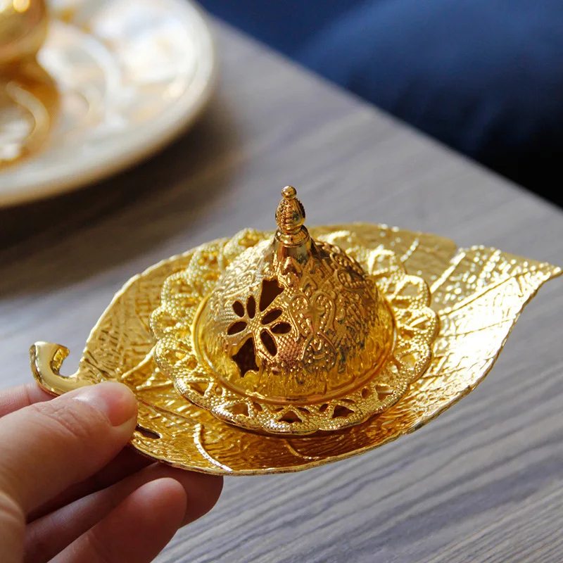 Ramadan Gold Metal Hand-held Middle East Arabian Incense Burner European Leaf Tray Small Golden Islam Censer Golden 13x6.2cm