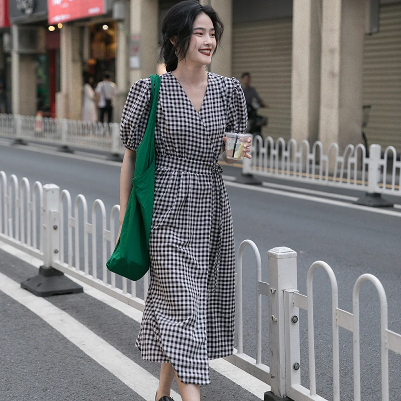 Vestido de verano a cuadros para mujer, suave, de cintura alta, estilo francés, cuello en V, Vintage, manga abombada