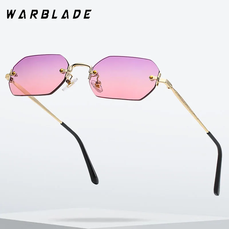 WarBLade 2023 nowych mężczyzn prostokątne okulary przeciwsłoneczne bez oprawek ośmiokątny małe okulary kobiet metalowy złoty wielokąt niebieski brązowy Uv400 bez ramki — zdjęcie 5