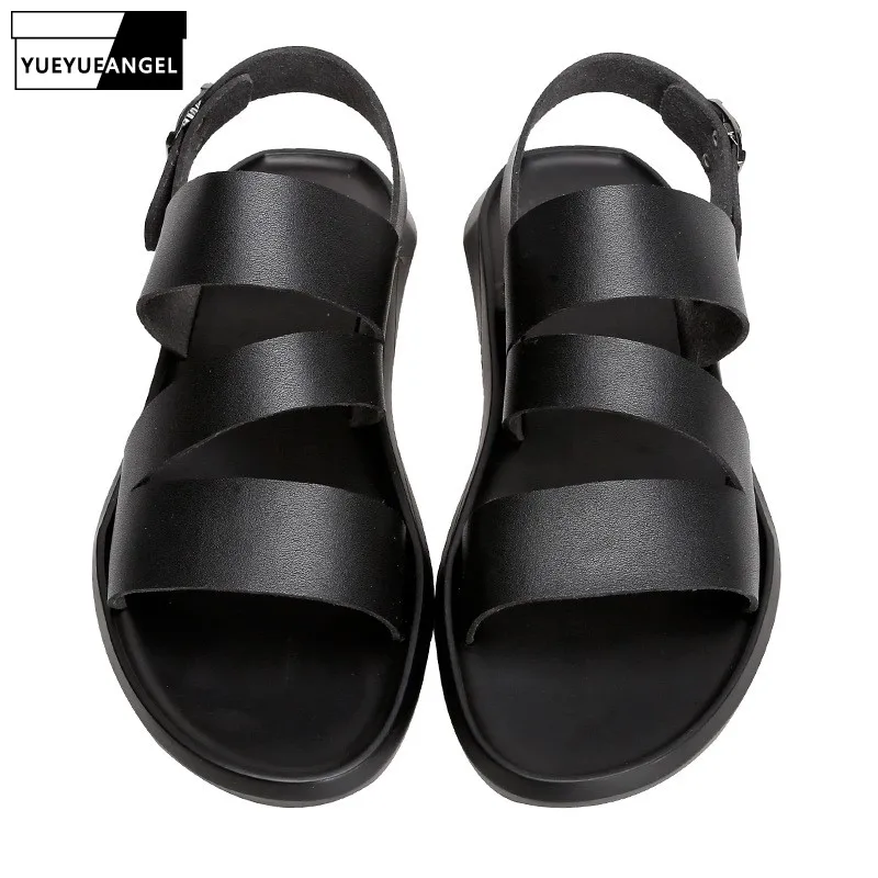 White Beach Shoes Summer Men British Breathable Casual Leather Gladiator Fashion Soft Sole Cool Flat Sandals Slippers