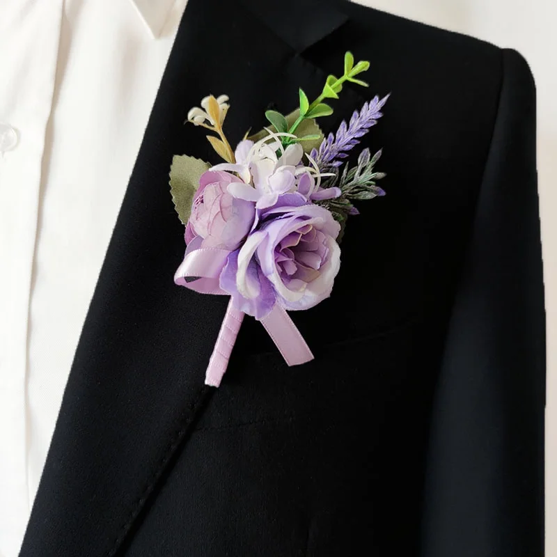 Bíborszín Bekötöz boutonniere esküvői Blúz csapok Bross virágok Erőltetett Rózsák groomsman Gomblyuk virágos Esketés accessor D