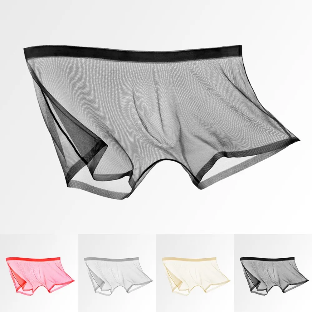 Men\'s Underwear Transparent Boxers Bulge Ice Silk See Through Underpants Sexy Briefs Low Waist Panties Lingerie Intimates