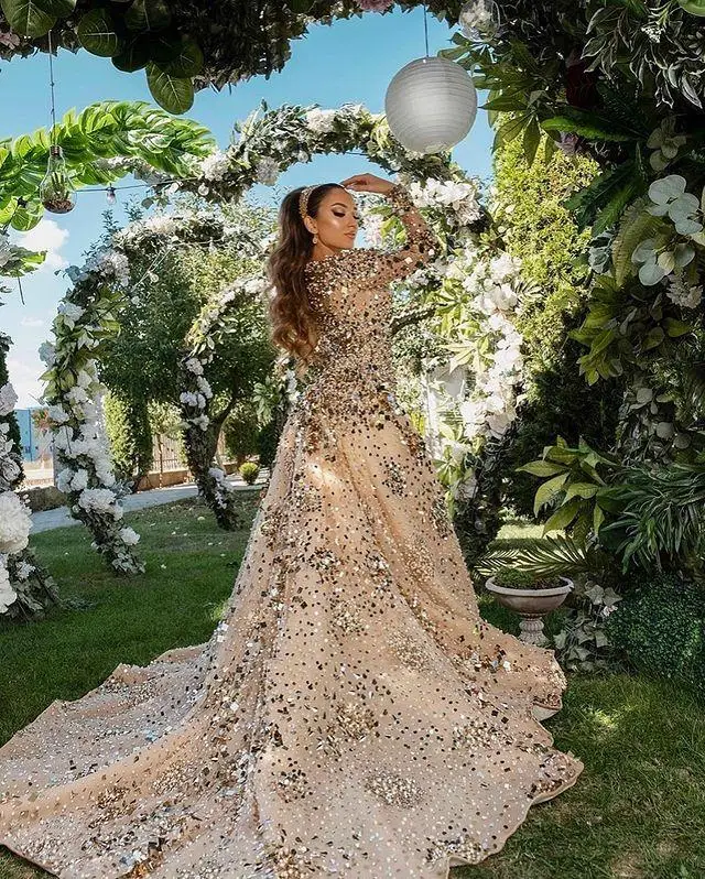 2022 arabisch Aso Ebi Gold Sparkly Luxuriöse Prom Kleider Perlen Kristalle Sheer Neck Abend Formale Partei Zweite Empfang Kleider