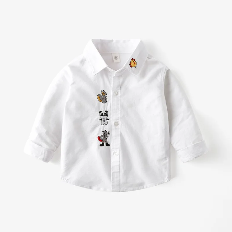 Children Spring And Autumn Korean Style Shirts White Blouse With Embroidery Design For Teenage Boys Fall Clothing For 1-7 Kids