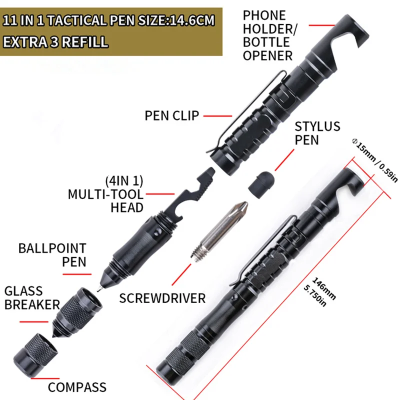 Multifunctionele Tactische Pen Mobiele Telefoon Houder Survival Zelfverdediging Pen Touch Screen Met Schroef Kompas Outdoor Tool Wapen