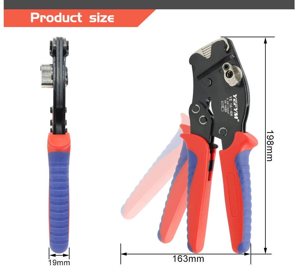 Aderendhülsen-Crimpzange YE 16-4H Rohrklemmen 0,08–16 mm2/30–5 AWG Mini-Zange, Einstellknopf zur Steuerung elektrischer Klemmen YEFYM – Detail 8