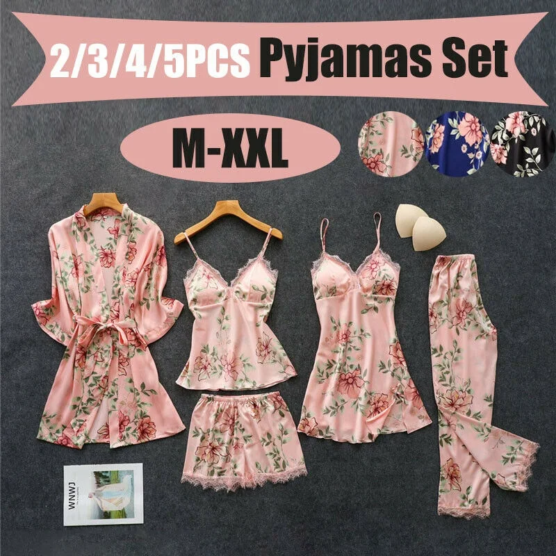 

Kupokasi 2/3/4/5Pcs Women Pajama Set Silk Floral Overall Print PJ Suit Satin Pyjamas Sexy Lace Pyjama Sleepwear Home Clothes