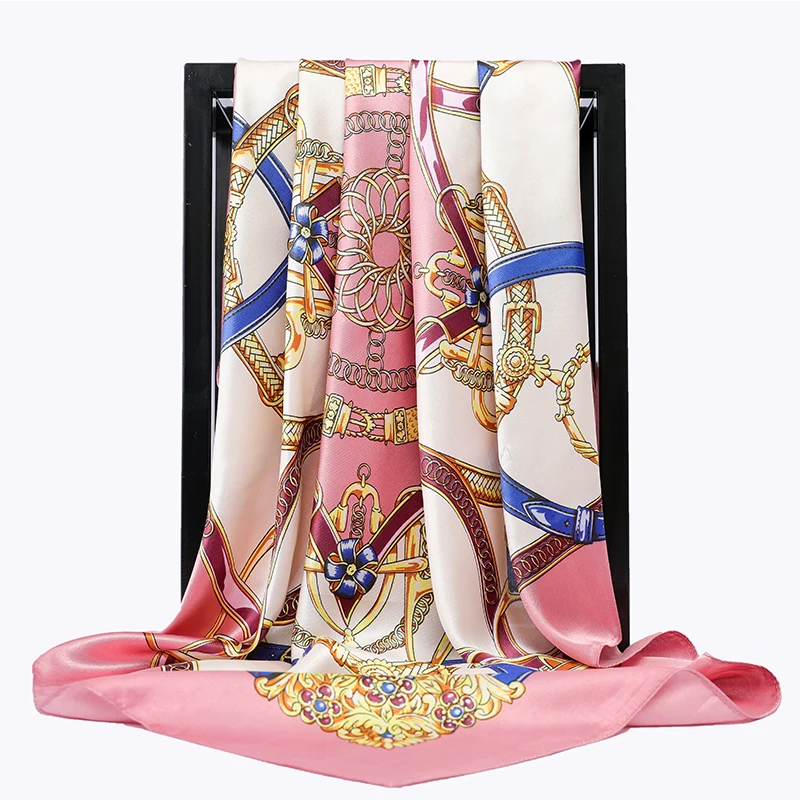 Scarves 90*90cm Women Print Twil Hair Neck Square Silk Scarf Office Lady Shawl Bandana 90X90CM Muslim Hijab Handkerchief Korean