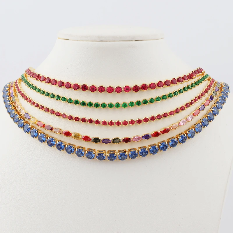 New Gold Color 1 Row Shiny Colorful Neon Rainbow Iced Out Zircon Charm Thin CZ Tennis Chain 33+7CM Fashion Women Choker Necklace