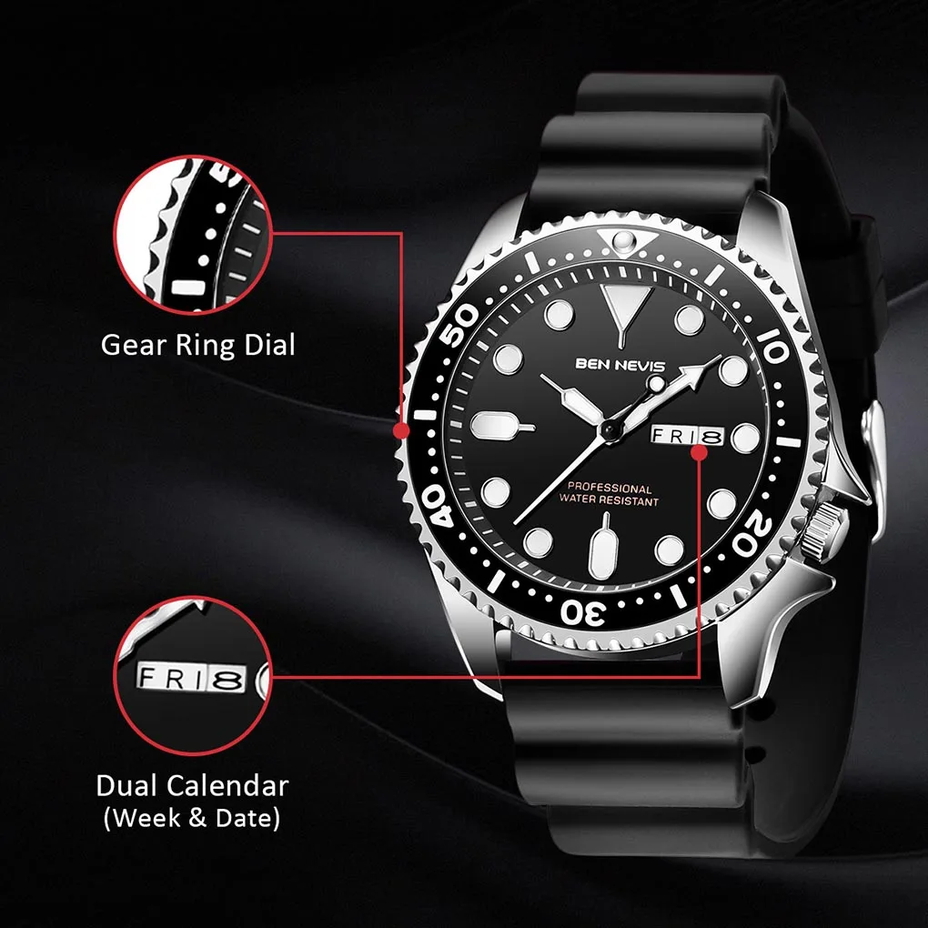 Fashion Men Waterproof Quartz Watch Adjustable Silicone Watchband Date Calendar Wrist Watches Multi Function Quartz Watch