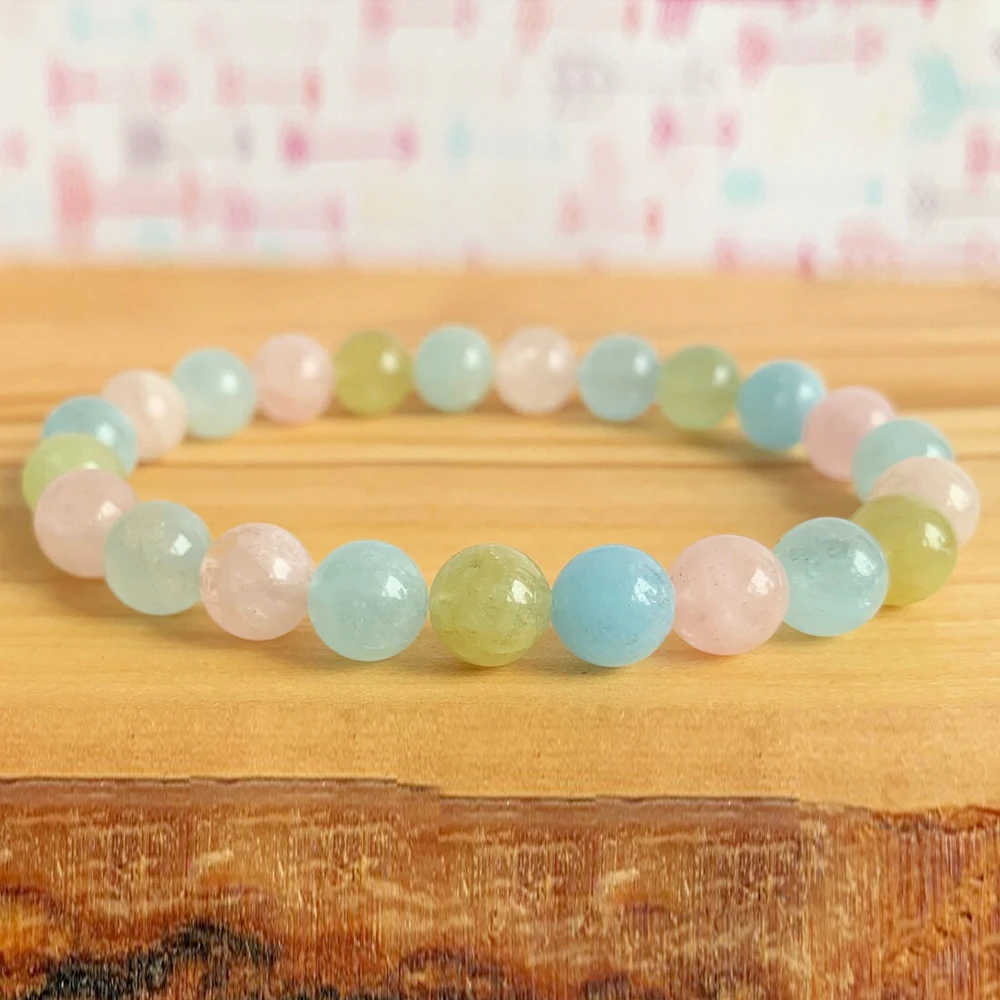 Ruberthen Womwn`s 8 mm AAA Grade Beryl Wrist Mala Bracelet Natural Aqua marine Morganite Heliodor Bracelet Stress Relief Jewelry