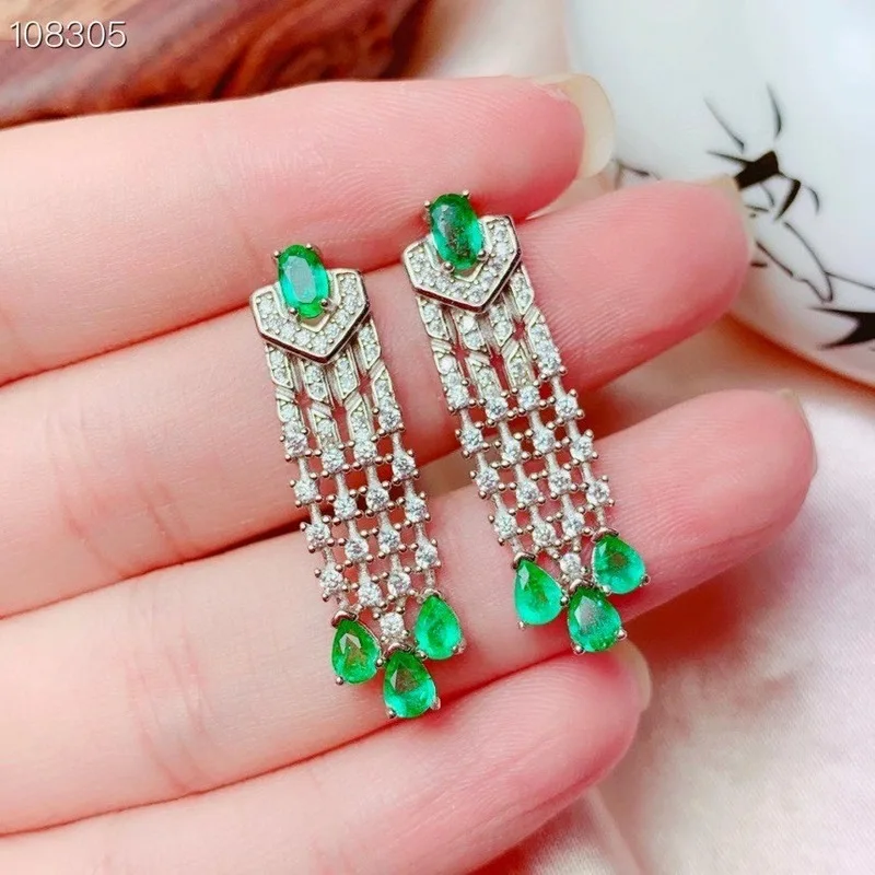 

Natural Emerald Jewelry 925 Sterling Silver Created Green Gemstone Dangle Earrings Ring for Women's Gift