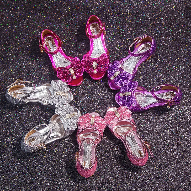 Girls Sandals Summer 2021  New Children\'s Princess Shoes Little Girls High-heeled Bow-knot Crystal Sandals Party Dress Wedding