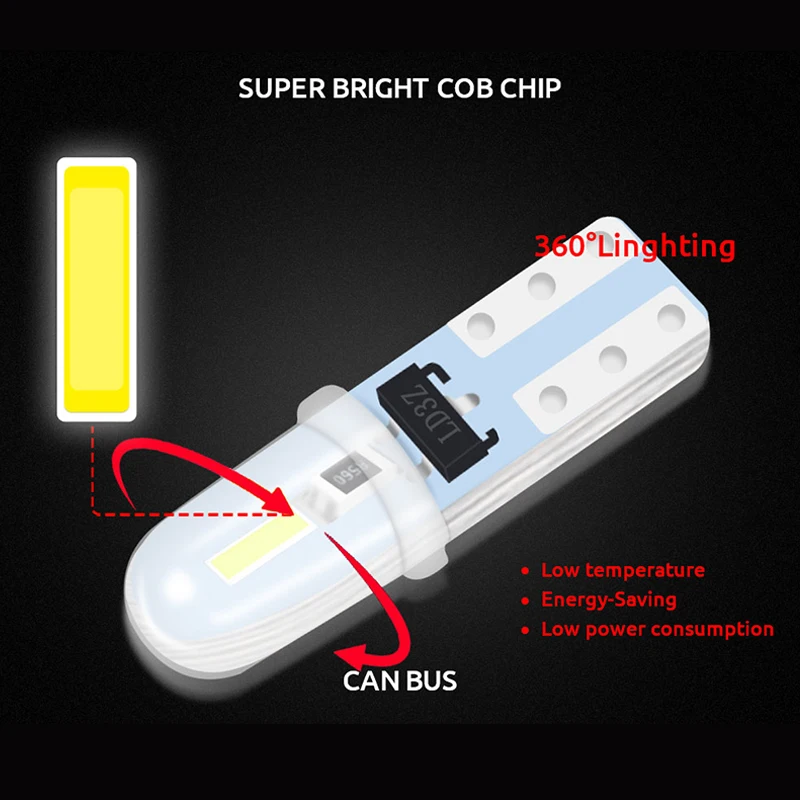 10PCS T5 W3W LED Auto Led Bulbs No Polarity Car Interior Dashboard Lamp 2 SMD 3014 Chip Door License Plate Light White Red Green