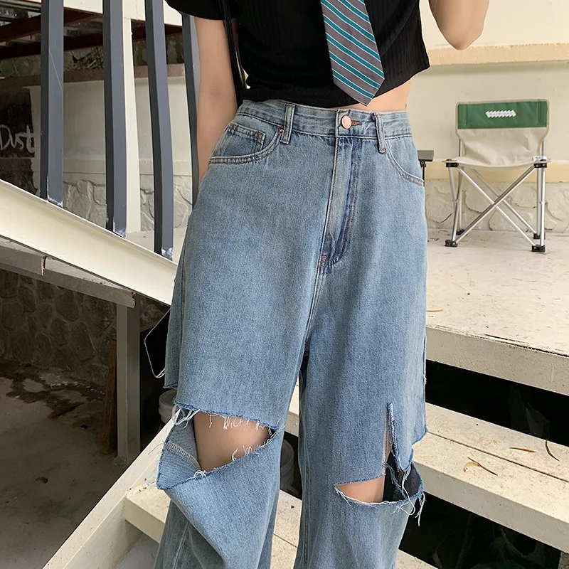 Summer New Harajuku Washed Cargo Casual Daniel Pants High Waist Vintage Ripped Hole Harem Rompers Loose Wide Leg Pants Trousers