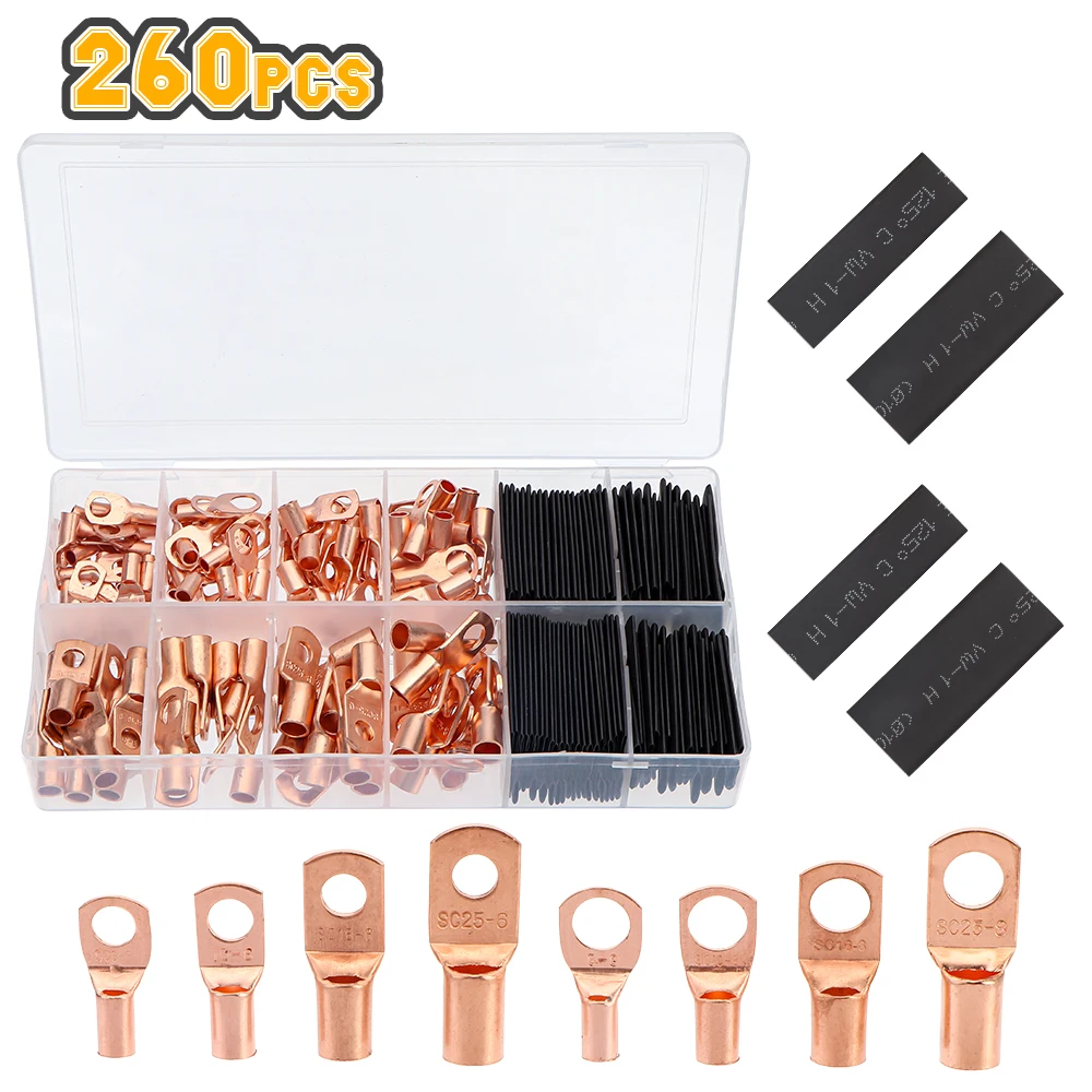 

260Pcs Assortment Copper Lug Ring Car Battery Terminals Wire Crimp Connector Bare Cable Battery Terminals Soldered Connector Kit