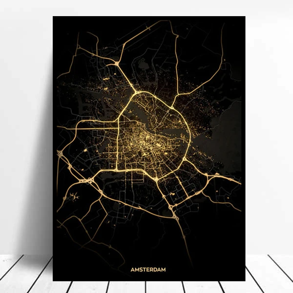 

Amsterdam City Map Golden Glow Black Gold Print Art Poster Canvas Painting for Home Wall Decoration Picture