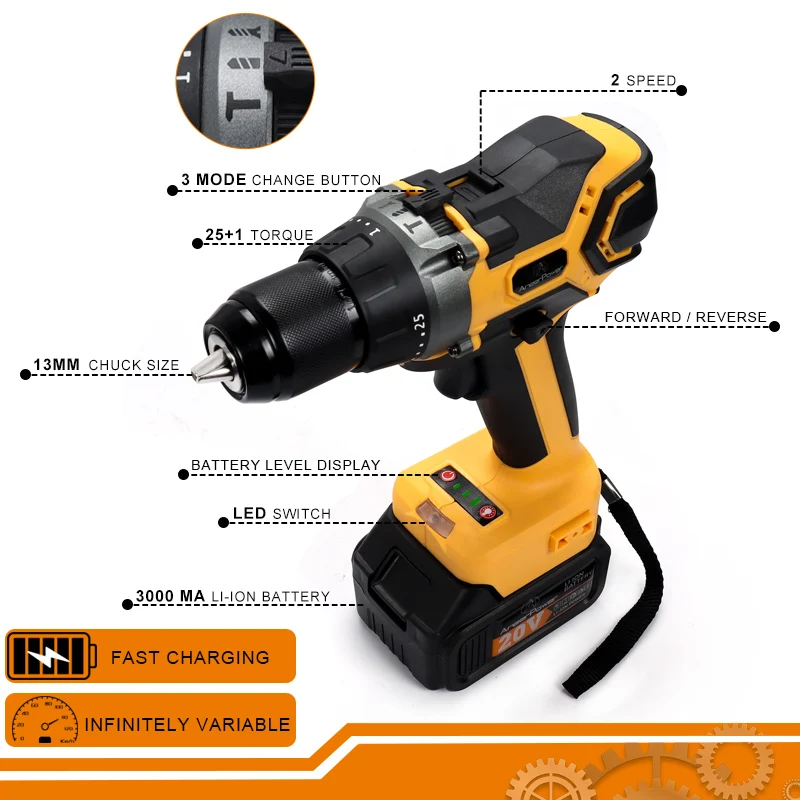 20V Cordless Electric Impact Drill High Power Brushless 3.0Ah Lithium Battery Screwdriver 13MM Self-Locking Chuck 85 N/M Torque