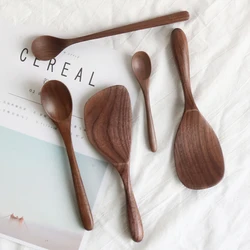 Black Walnut Wooden Spoon Japanese Style Tableware Heat Resistant Long Handle Scoop Coffee Honey Spoon Kitchen Tableware