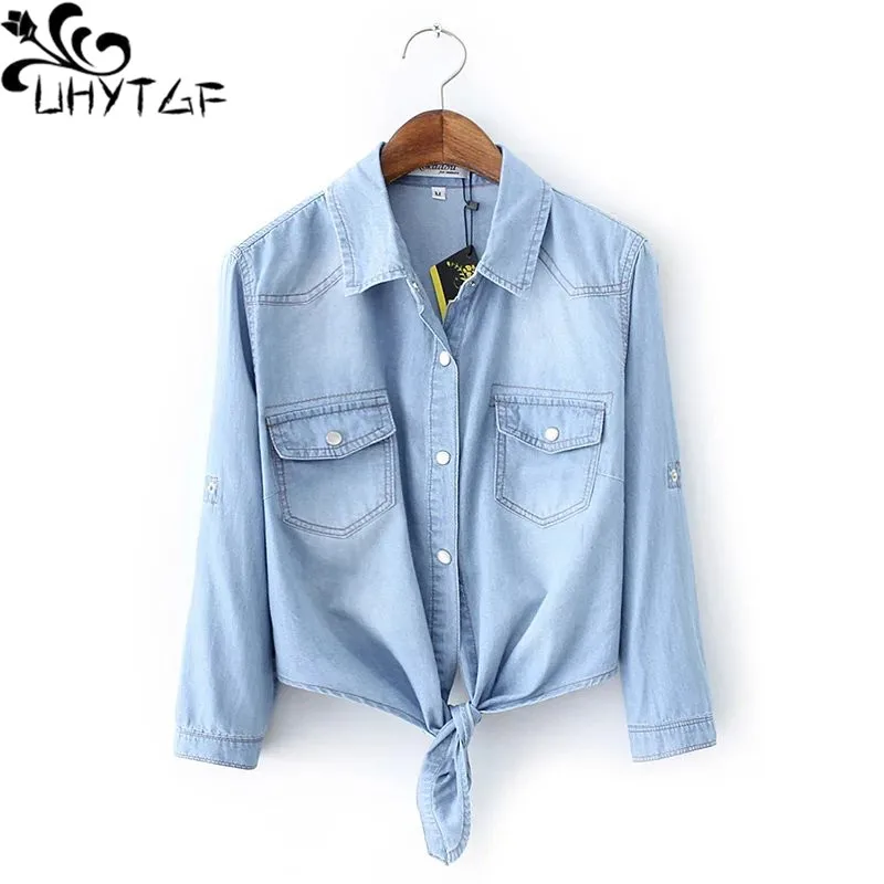 UHYTGF Spring Summer Denim Shirt Ladies Thin Sunscreen Clothing Elegant Women\'s Short Tops 3XL Big Size Jeans Blouse Women 211