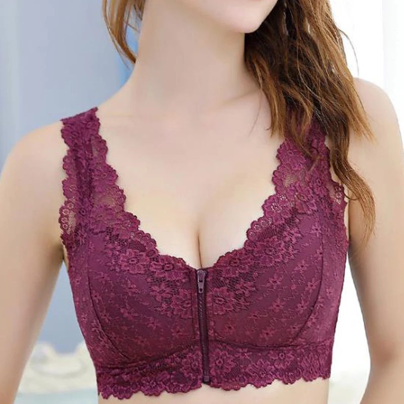 Female Lingerie Front Zip Women Lace Bra Top Push Up Full Cup Bralette Lady Seamless Wireless Bras Fashion Vest Gather Underwear