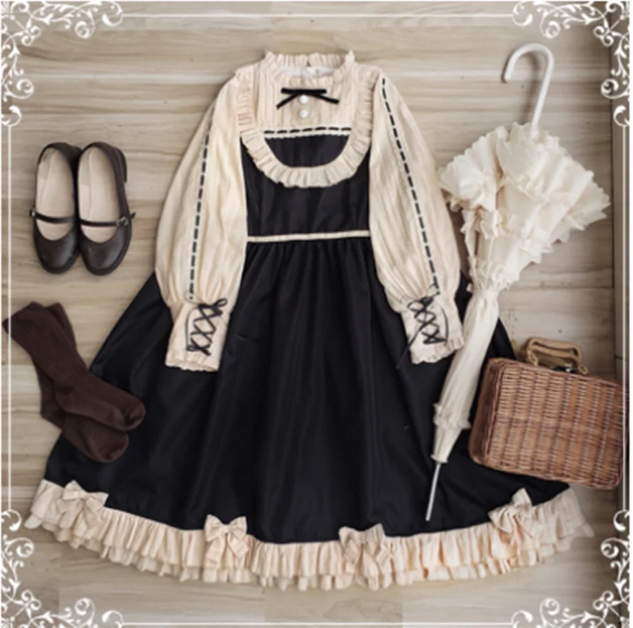 

kawaii girl gothic palace sweet lolita dress vintage stand lace bowknot lantern sleeve victorian dress lolita op loli cos