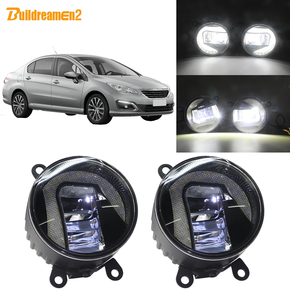 

Buildreamen2 Car 90mm Round Projector LED Bulb Front Fog Light + Daytime Running Light DRL White 12V For 2017 2018 Peugeot 408