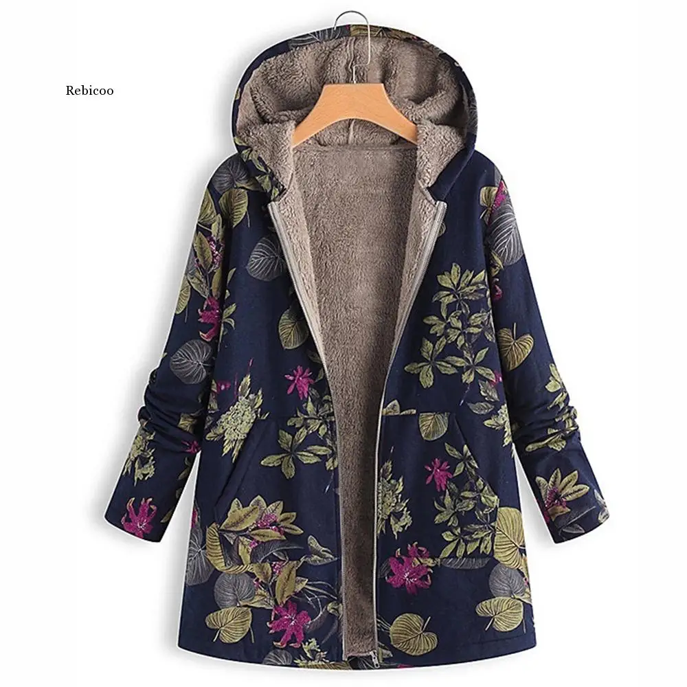 Leaves Floral Print Warm Coat Women Winter Long Sleeve Hooded Jacket Fluffy Fur Fleece Cozy Zipper Outwear S-5XL