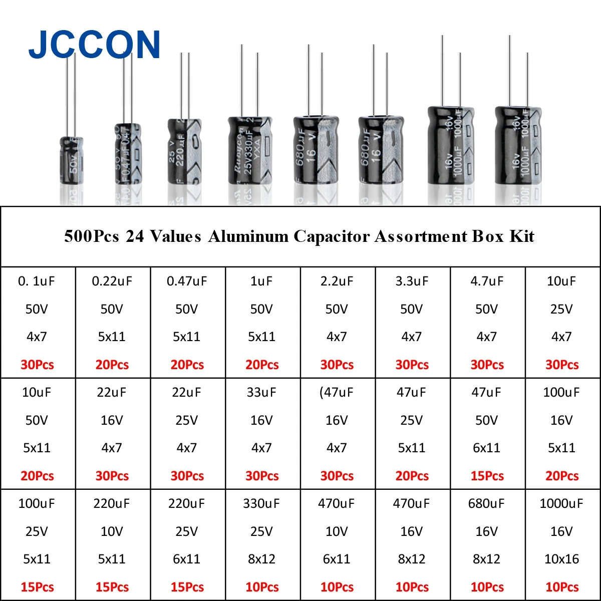 500Pcs 24 Values Electrolytic Capacitor Box Kit Range 0.1UF-1000UF 16V-50V Mix Aluminum Electrolytic Capacitor Assorted Kit