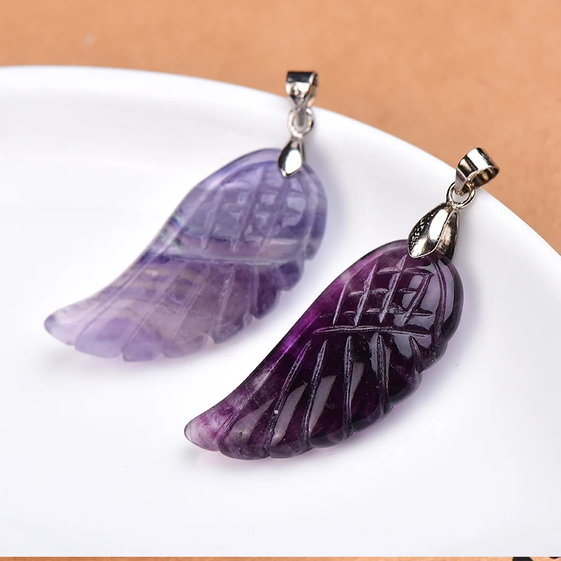 Fashion Simple Natural Amethyst Color Fluorite Angel Wing Pendant Hand Polished Increase Lovers Charm Pendant Necklace DIY Gift