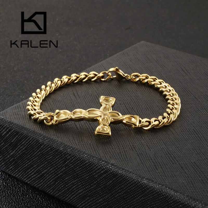 KALEN Fashion Tri-Color Stainless Steel Charm Bracelets For Men Vintage Cross Link Chain Shiny Bracelet Hip Hop Male Jewelry