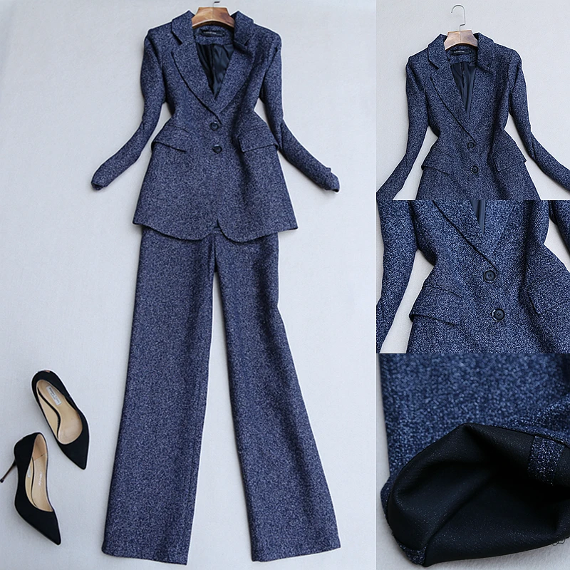 Autumn and winter new Korean fashion ladies suit chic high-end tweed suit jacket straight wide leg pants two-piece suit