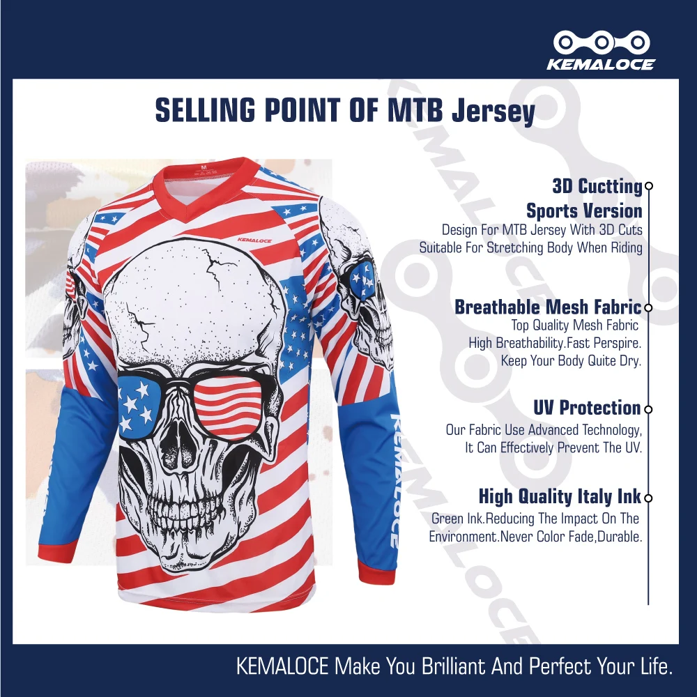 KEMALOCE Blue Full Sleeve Downhill Mtb Jersey Enduro Motocross Men USA Mountain Bike Jersey Unisex Skull BMX Downhill Shirt Tops
