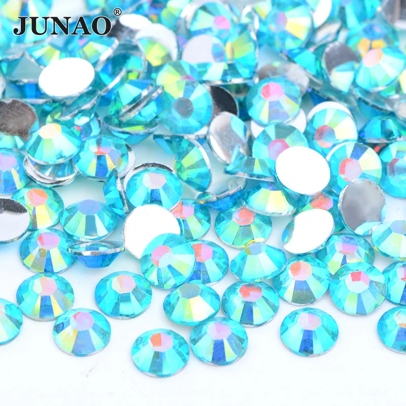 JUNAO Wholesale Bulk 2 3 4 5 6mm Blue Zircon AB Resin Rhinestones Applique Flat Back Non Hot Fix Strass for Nail Art Decorations