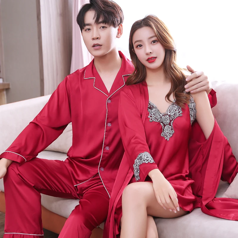 Men Pyjamas Suit Autumn Couple Pajamas Long Sleeve Pijama Male Plus Size Sleep Clothing Silk Nightie Sleepwear Lovers Wedding